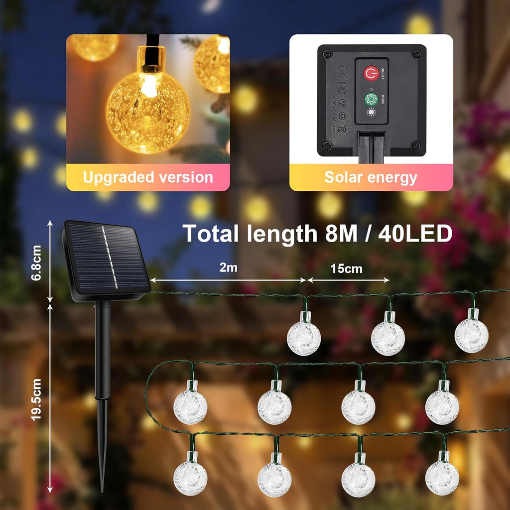 AGOTD Solar Lichterkette aussen 40 LED Kristallkugeln IP65 8 Modi Warmweiss