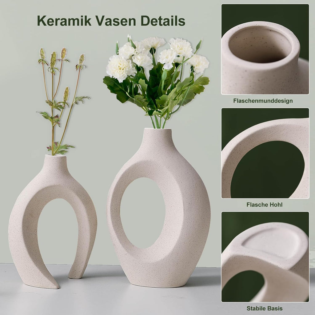 SUKIYPO Keramikvase 2er Set beige Boho Deko fuer Wohnzimmer Buero