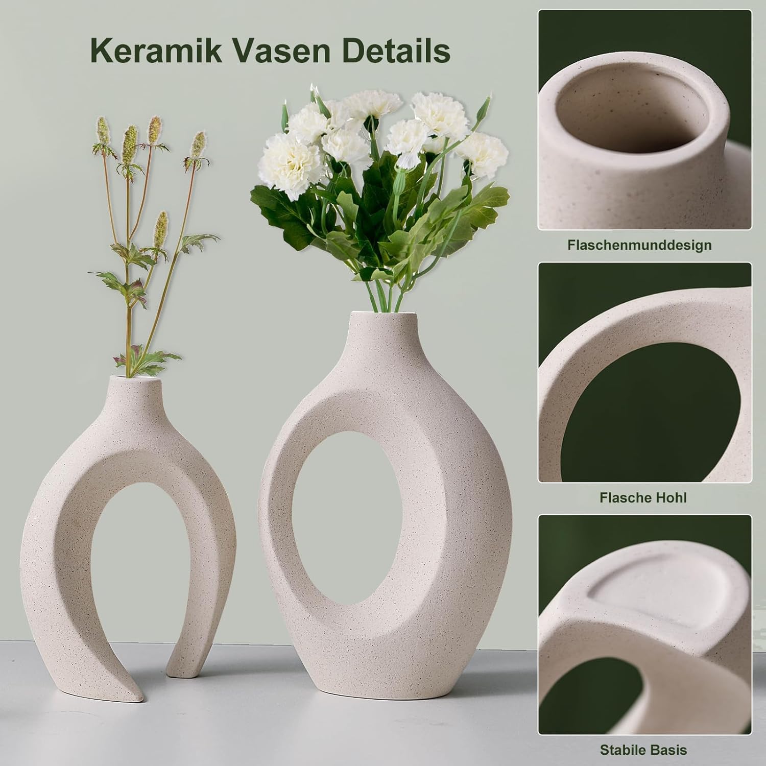 SUKIYPO Keramikvase 2er Set beige Boho Deko fuer Wohnzimmer Buero