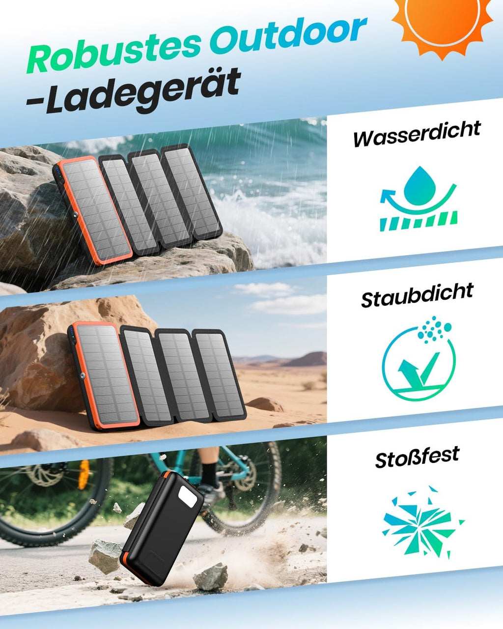 ADDTOP Solar Powerbank 20000 mAh 22,5W USB-C PD + 2x USB-A, 4 Solarpanels