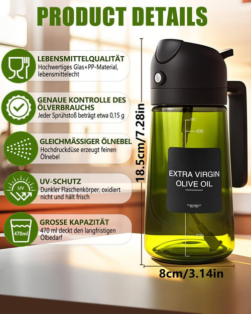 2in1 Oelsprueher 470 ml mit UV-Schutz fuer Kochen Grill Heissluftfritteuse