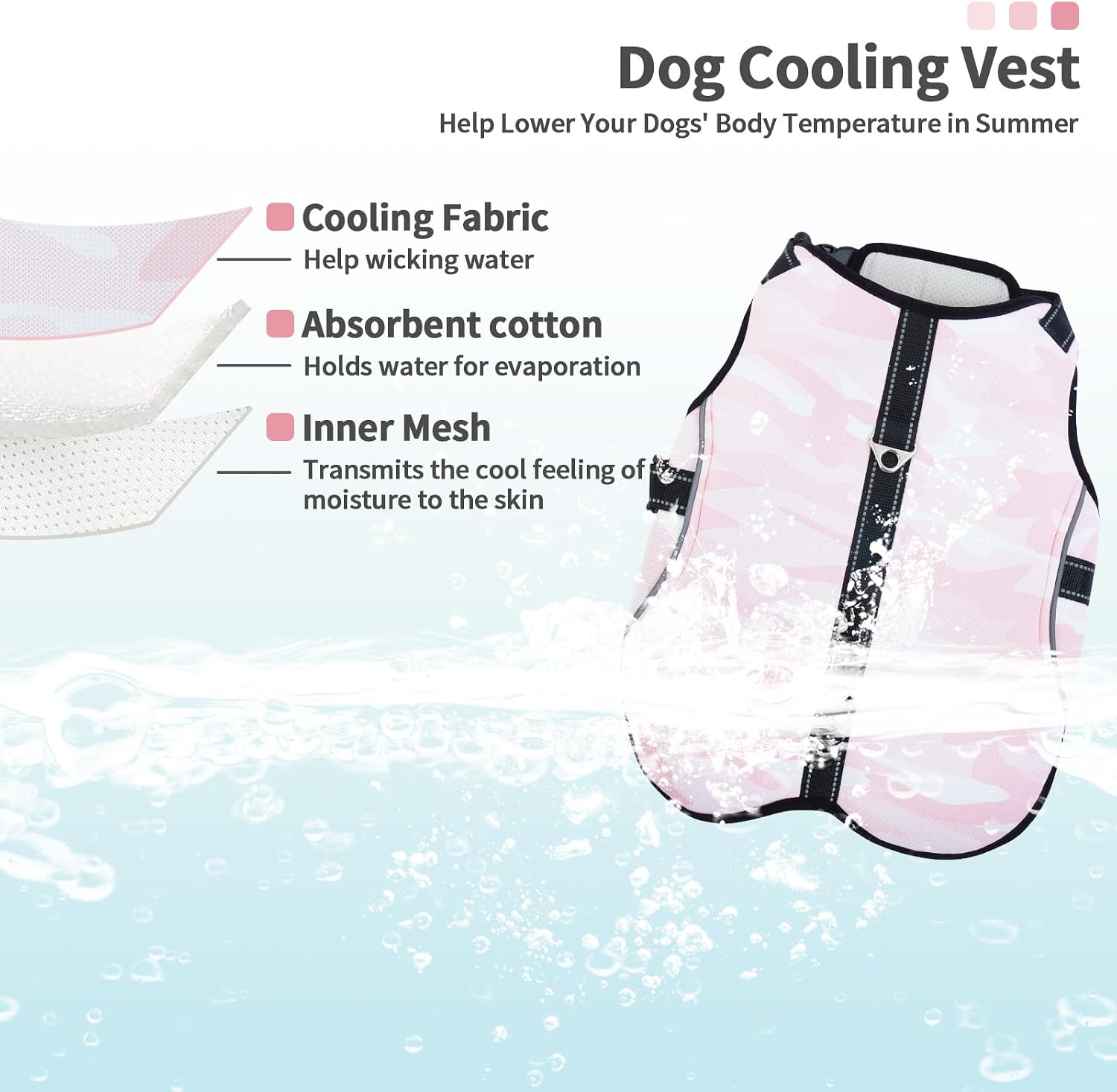 IECOii Kuehlweste Hund verstellbar L-XL rosa Sommer Kuehlgeschirr Mikrofaser