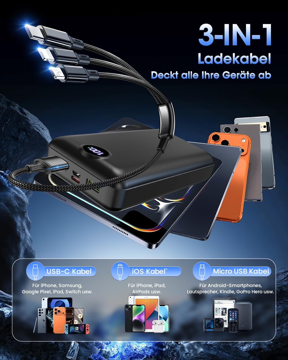 60000 mAh Powerbank 22,5W PD USB-C Externer Akku 4 Ausgaenge 3 Eingaenge Blau