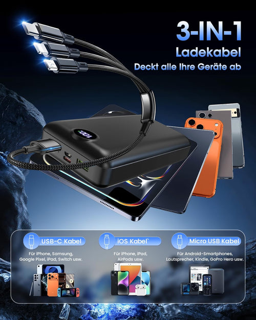 60000 mAh Powerbank 22,5W PD USB-C Externer Akku 4 Ausgaenge 3 Eingaenge Blau