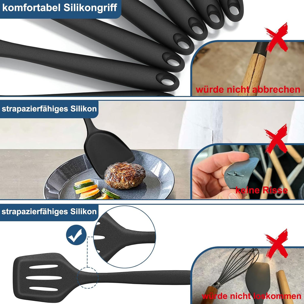 25-teiliges Silikon Kuechenhelfer Set schwarz hitzebestaendig mit Halter