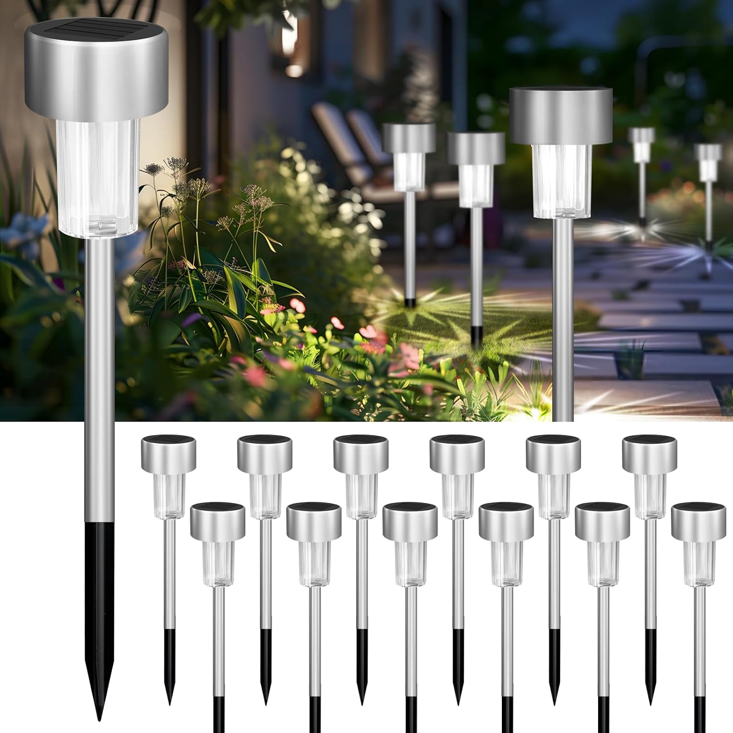 Jsdoin Solarleuchten 12er Set aus Echtglas und Edelstahl, IP44 Wegbeleuchtung