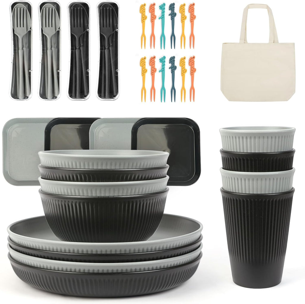 Campinggeschirr Set 49-teilig fuer 4 Personen leicht stapelbar mit Tasche