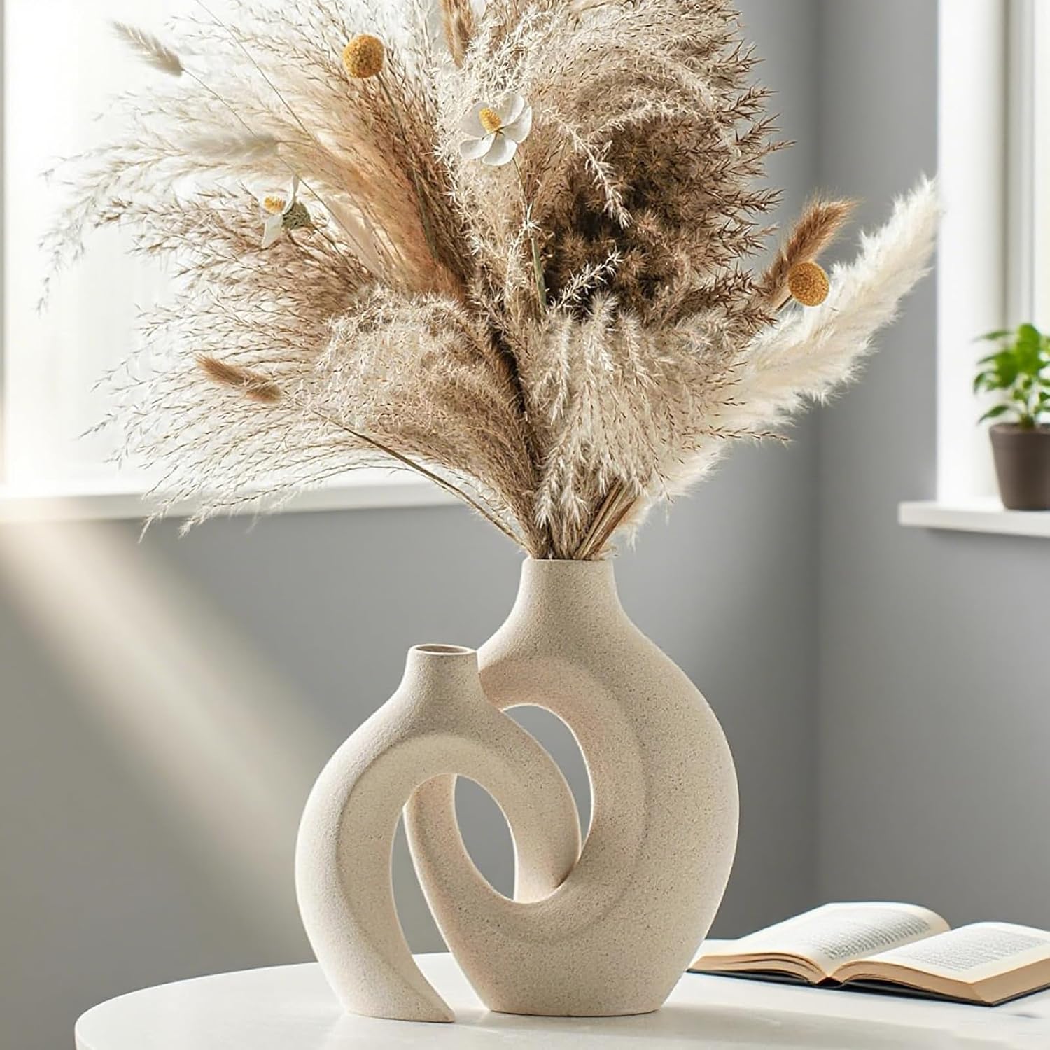 SUKIYPO Keramikvase 2er Set beige Boho Deko fuer Wohnzimmer Buero