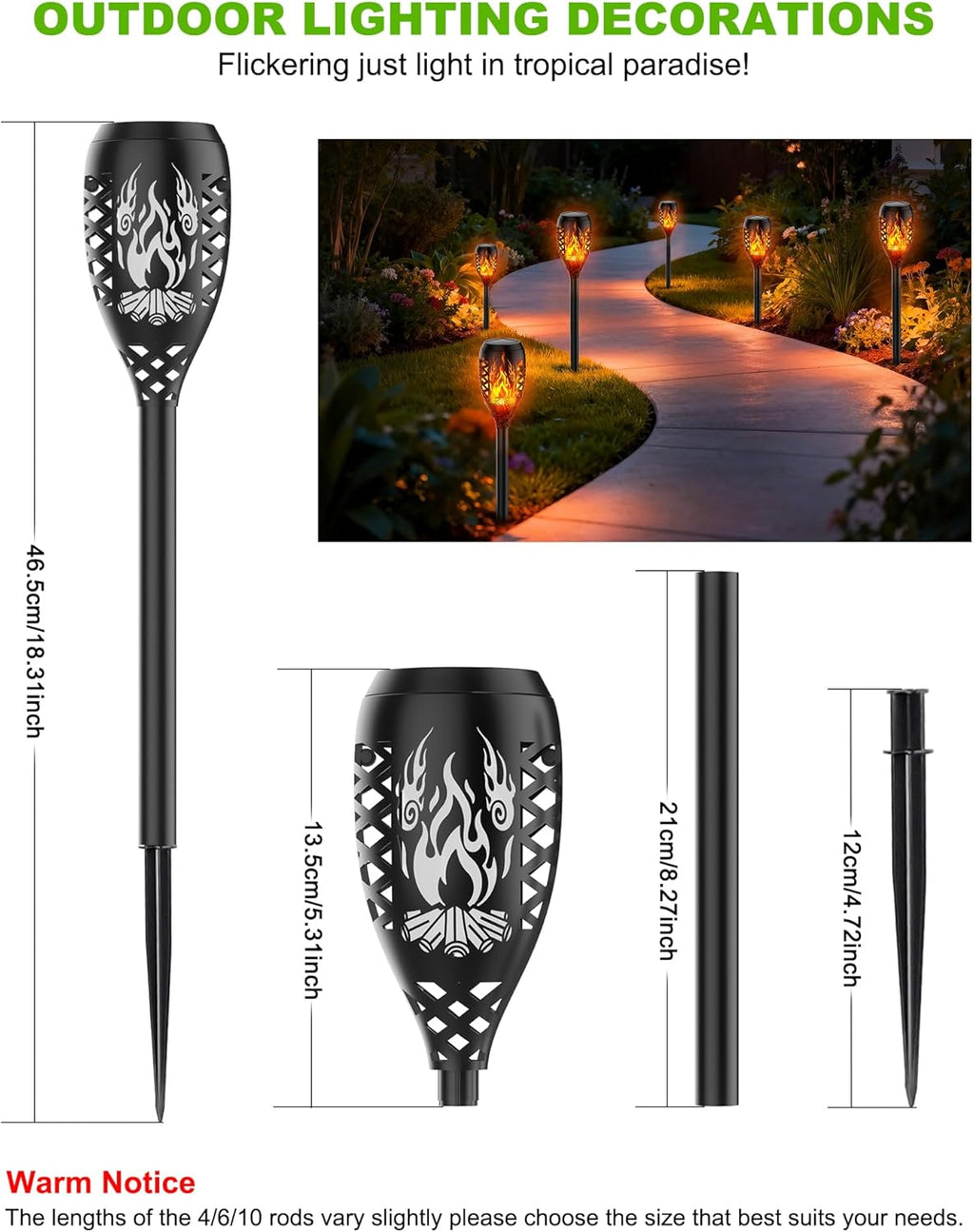 6er Set Solar-Gartenfackeln Streichholz-Design IP65 wasserdicht Wegbeleuchtung