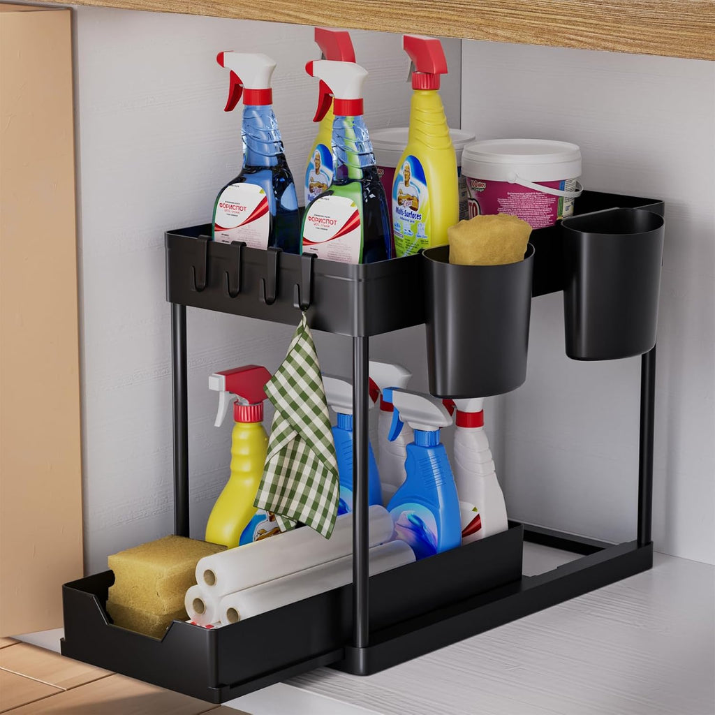 AIXPI 2‑stufiges Unter‑waschbecken Regal mit Haken und Tassenhalter, Schwarz
