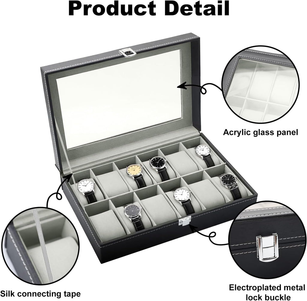 Uhrenbox fuer 12 Uhren mit Glasdeckel, PU-Leder, Samtinnenfutter