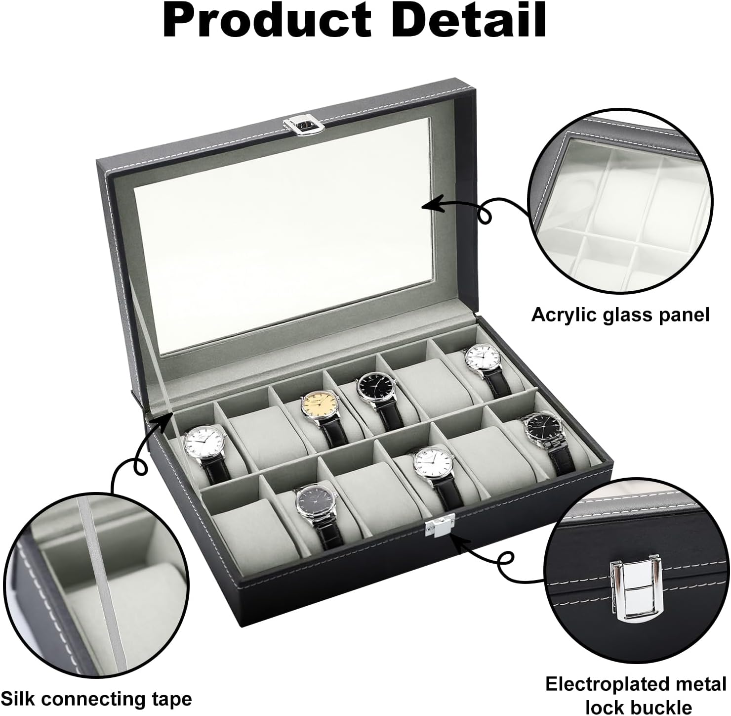 Uhrenbox fuer 12 Uhren mit Glasdeckel, PU-Leder, Samtinnenfutter