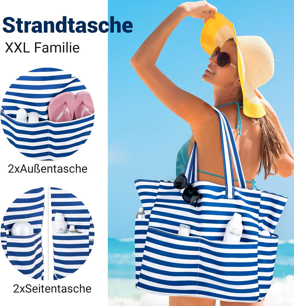 Strandtasche XXL mit Reissverschluss Shopper faltbar Grosse Badetasche Reise