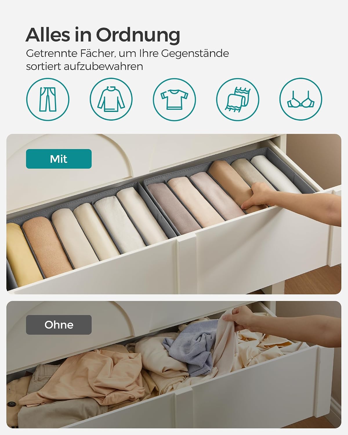 SONGMICS Kleiderschrank Organizer 4er Set Aufbewahrungsbox 6 Faecher Schublade