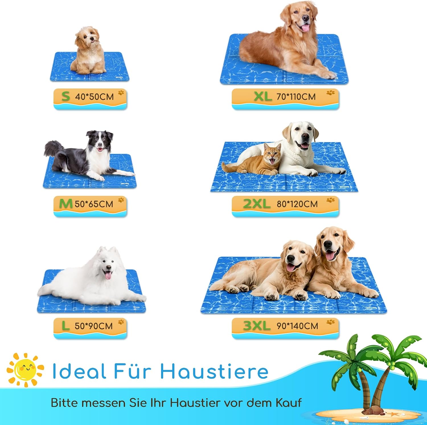 Nobleza Kuehlmatte fuer Hunde 65×50 cm Gel 2cm-80cm Hellblau selbstkuehlend