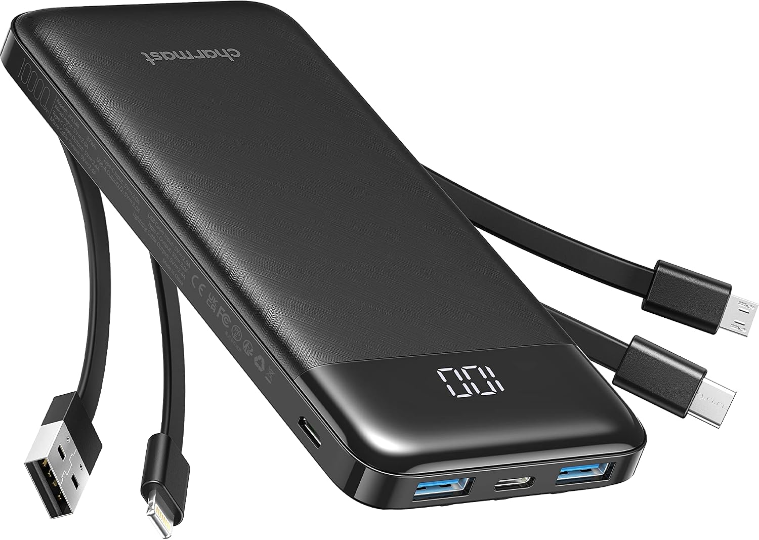 Charmast Powerbank 10000 mAh Slim mit LED-Display, 6 Ausgaenge, USB-C