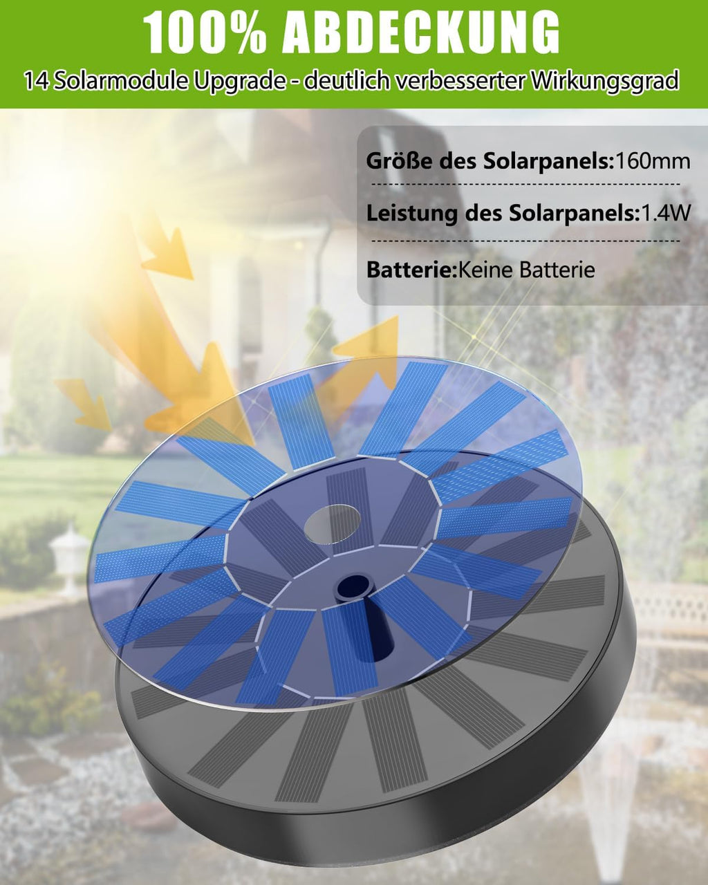 Solar Springbrunnen Pumpe schwimmend mit 6 Wasserstrahl-Effekten fuer Teich Garte