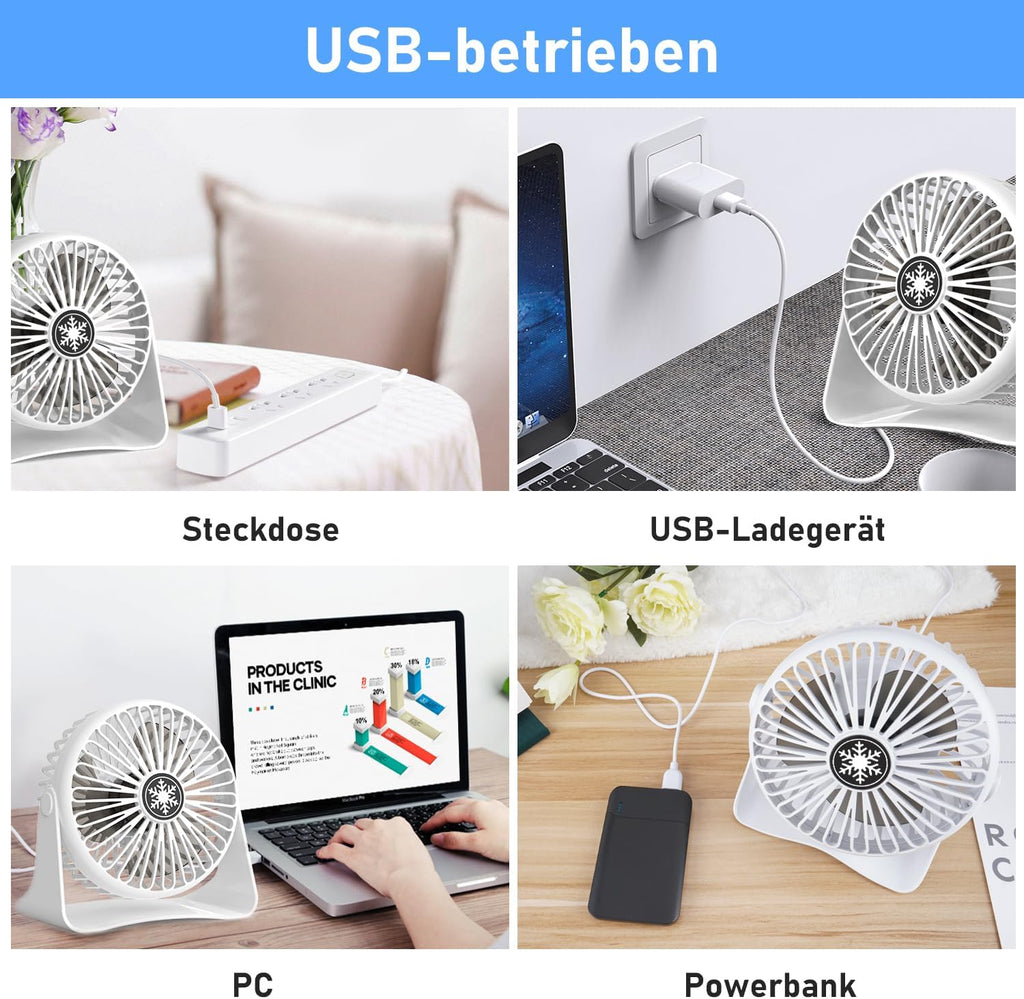 JATEKA Mini USB Tischventilator 3 Stufen 360° schwenkbar leise schwarz