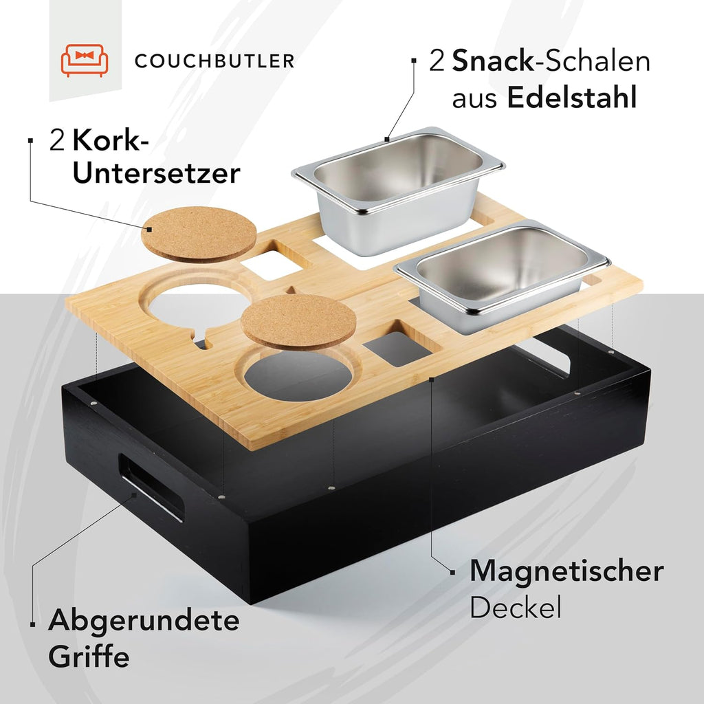 Couchbar Bambus Snackbox mit 2 Schalen, 2 Getraenkehaltern, Handyhalter Schwarz