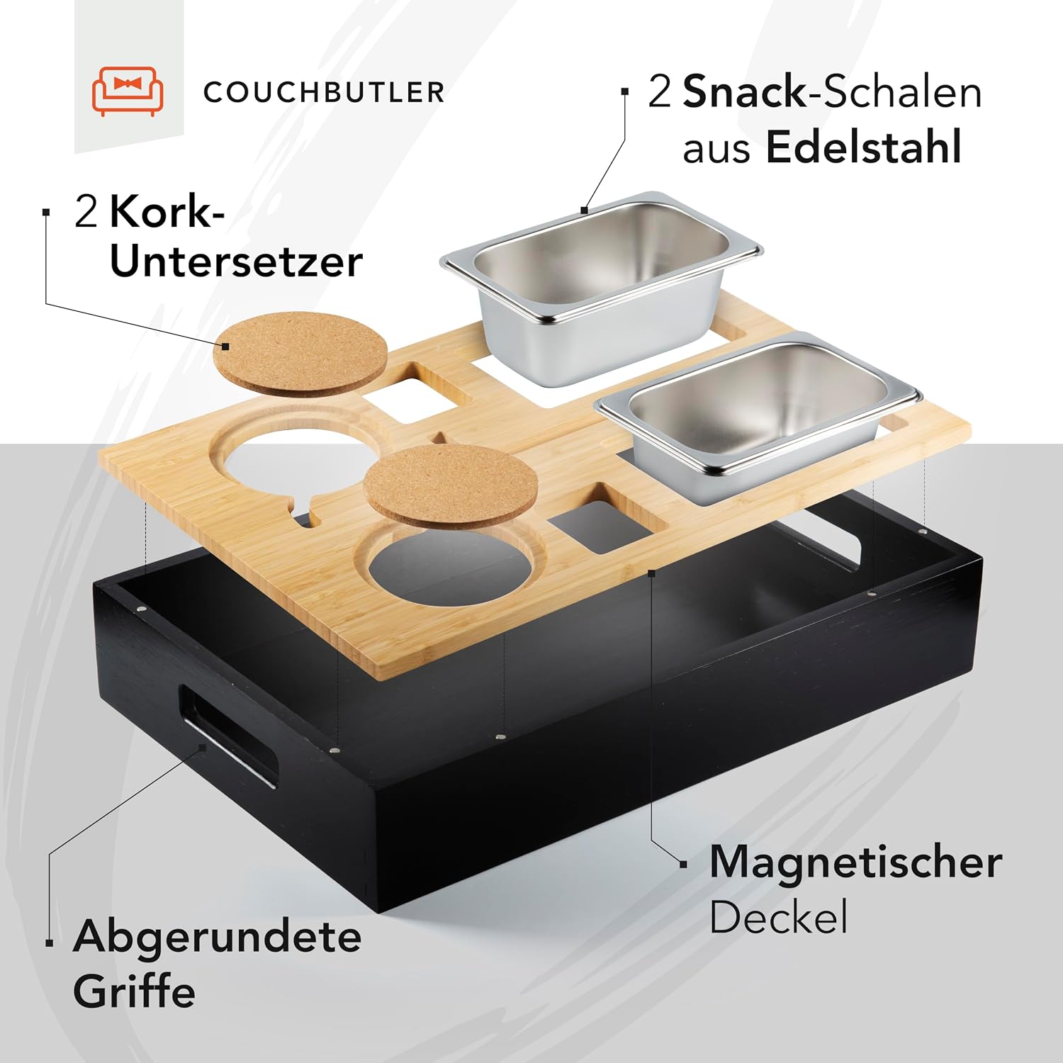 Couchbar Bambus Snackbox mit 2 Schalen, 2 Getraenkehaltern, Handyhalter Schwarz