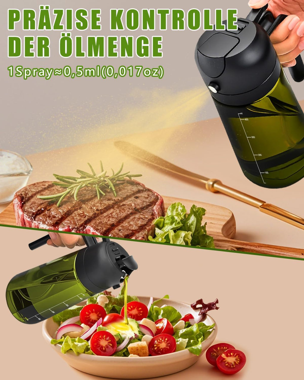 2in1 Oelsprueher 470 ml mit UV-Schutz fuer Kochen Grill Heissluftfritteuse