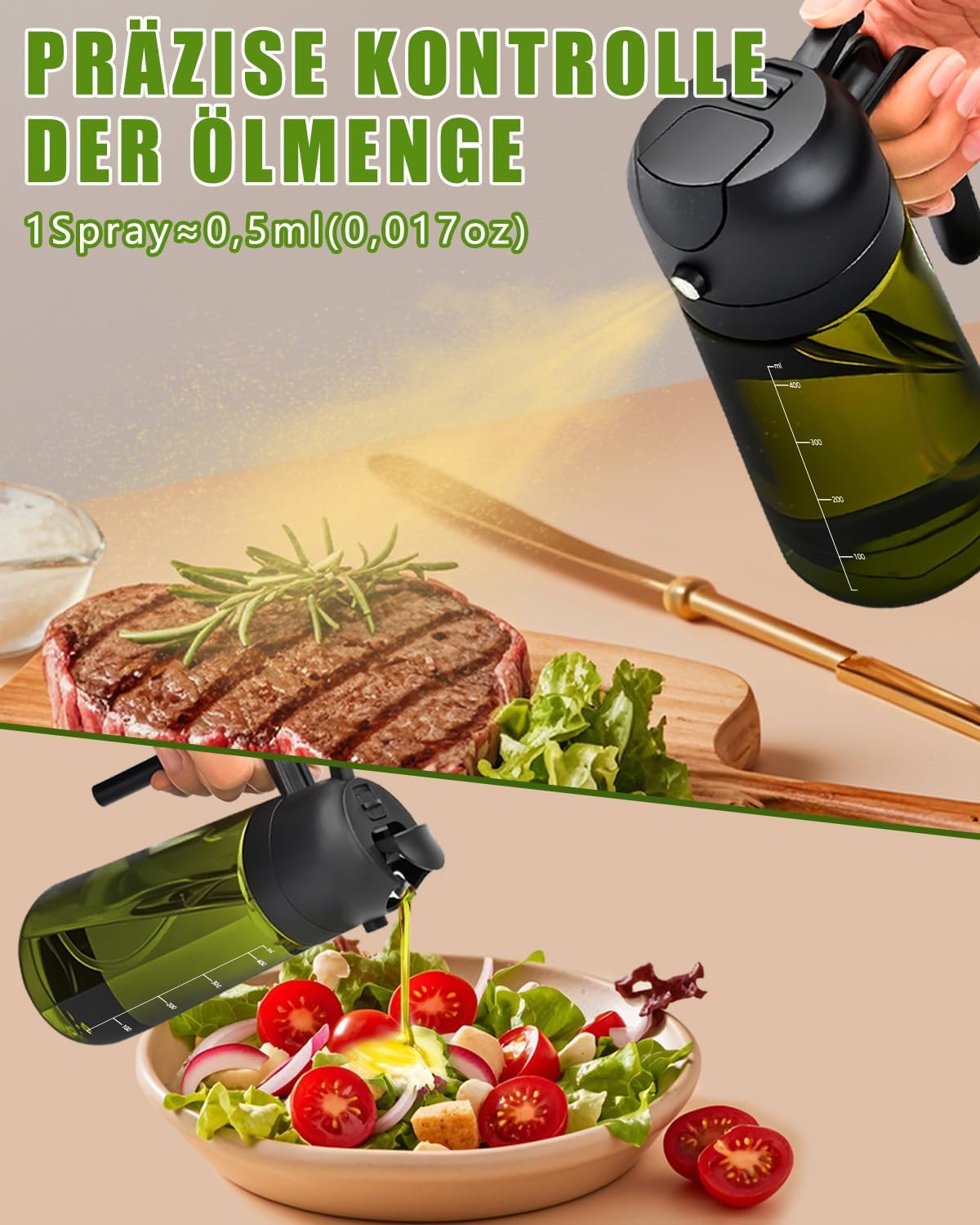 2in1 Oelsprueher 470 ml mit UV-Schutz fuer Kochen Grill Heissluftfritteuse