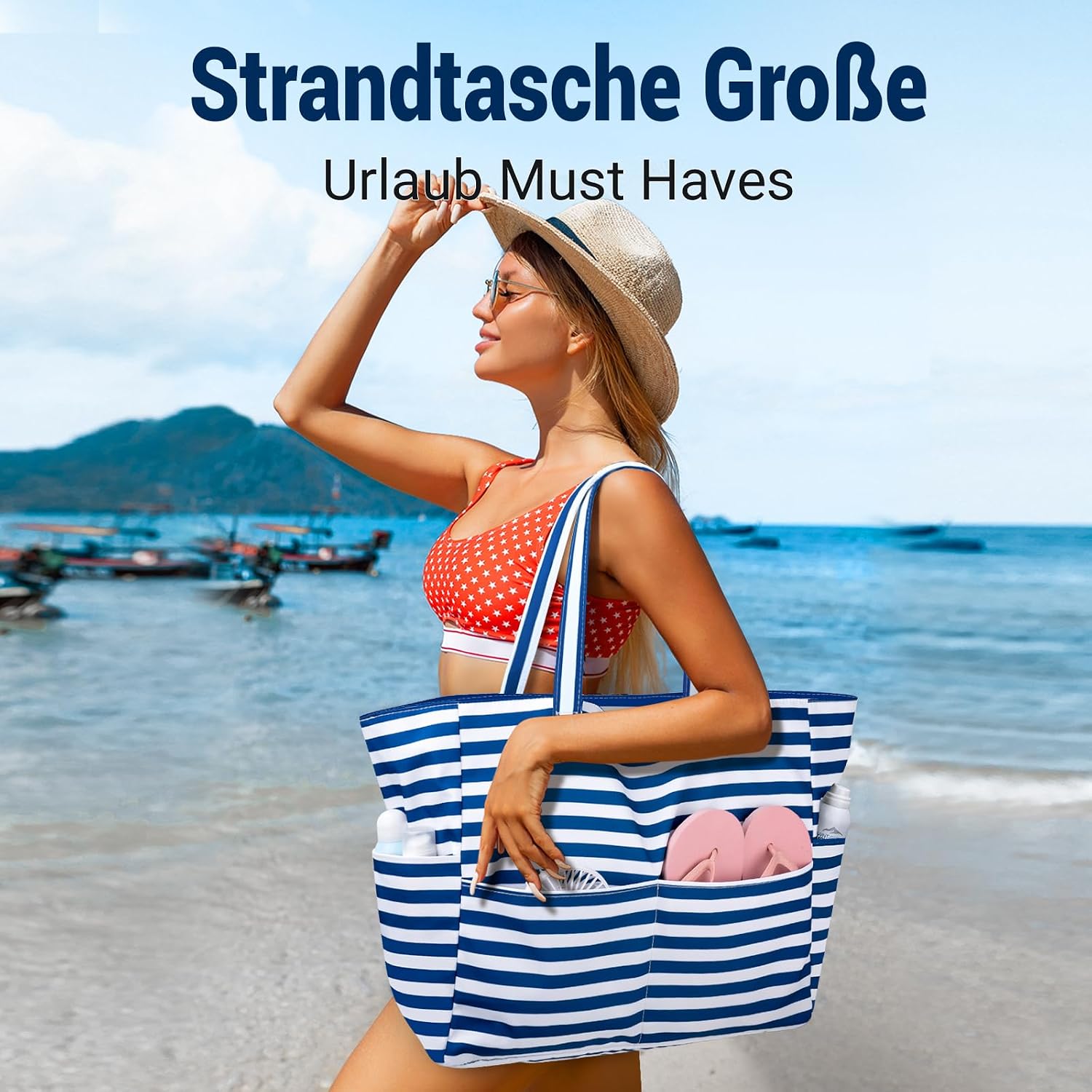 Strandtasche XXL mit Reissverschluss Shopper faltbar Grosse Badetasche Reise