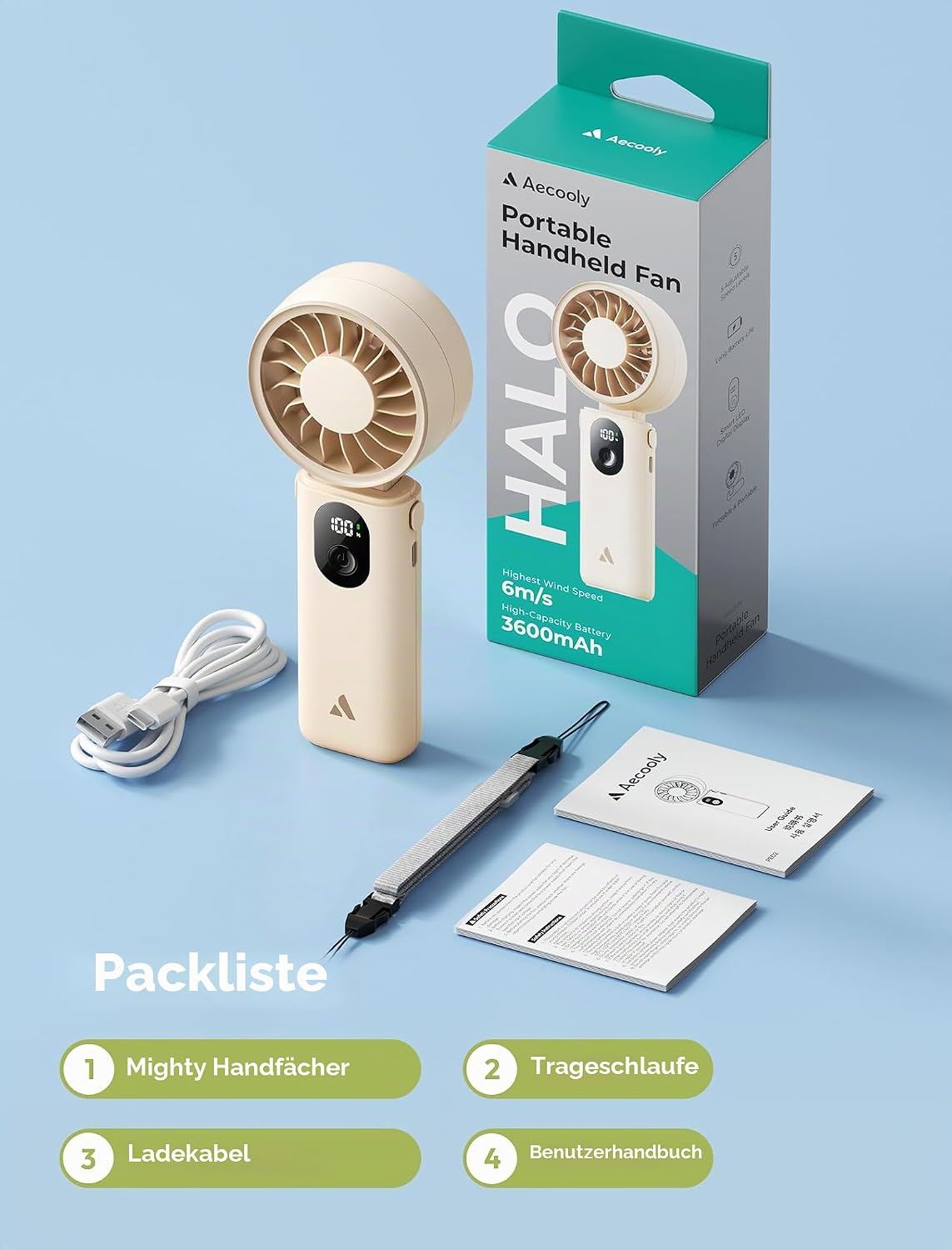 Aecooly 3‑in‑1 Handventilator USB wiederaufladbar 5 Stufen LED Anzeige Beige