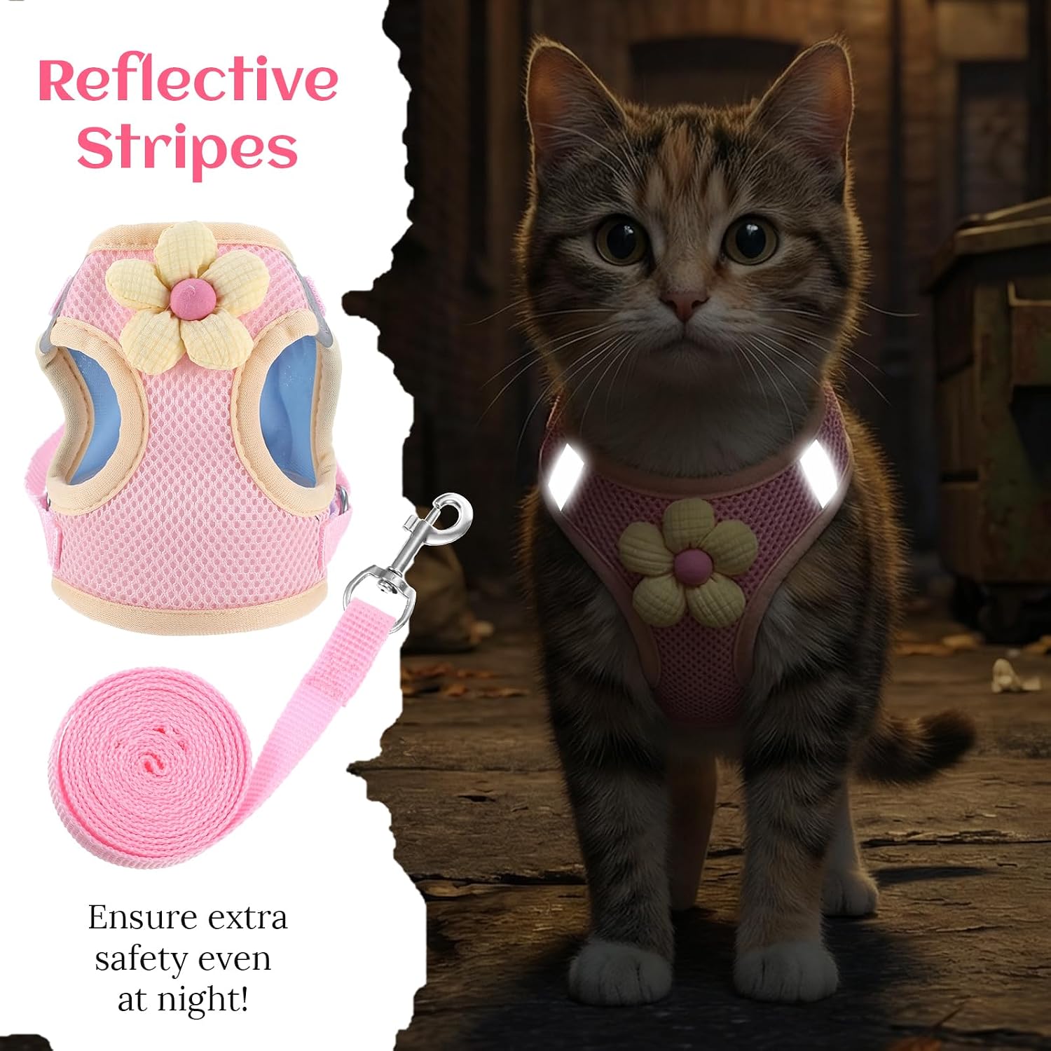 Katzen Geschirr mit Leine verstellbar rosa, weich, reflektierend, lang