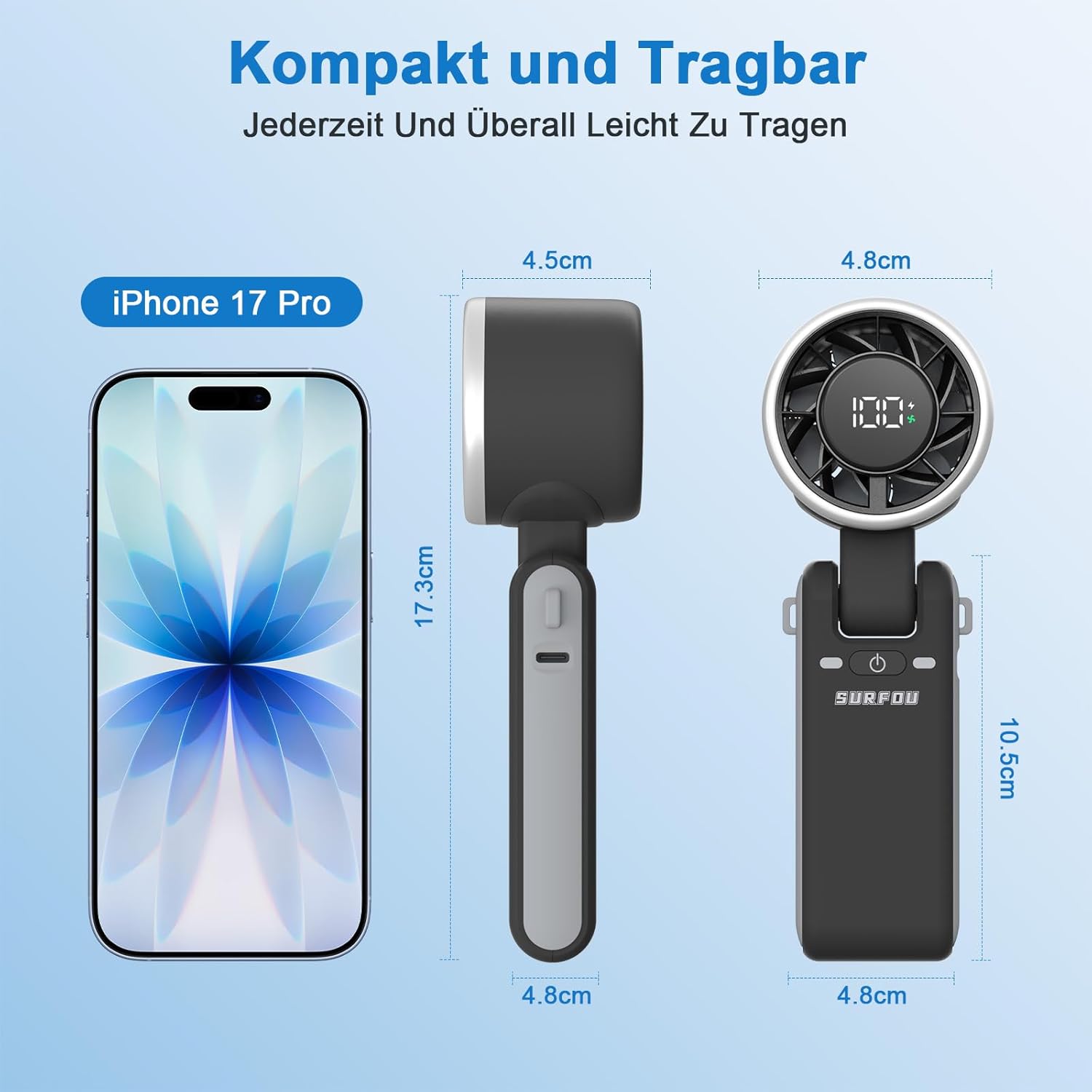 SURFOU Handventilator 4000 mAh Akku, 5 Stufen, faltbar, USB, LED-Anzeige, Schwar
