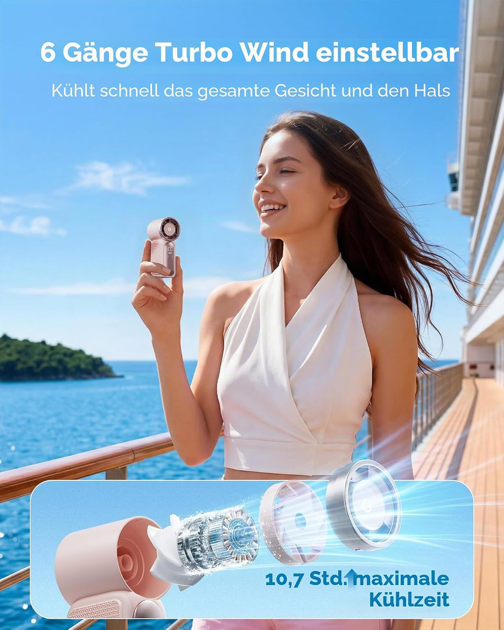 Gaiatop Mini-Handventilator USB wiederaufladbar 6 Stufen LED-Display 16900 U/min