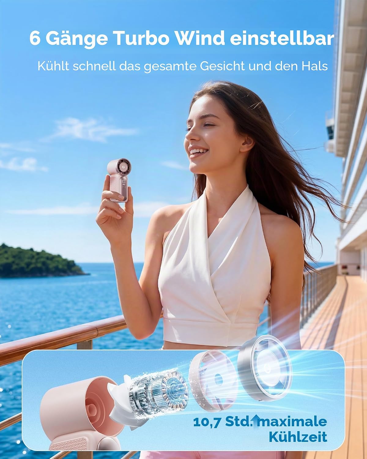 Gaiatop Mini-Handventilator USB wiederaufladbar 6 Stufen LED-Display 16900 U/min