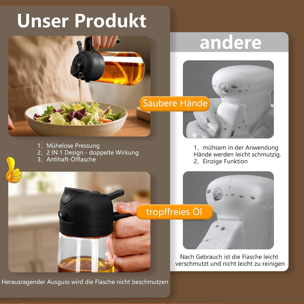 2in1 Oelsprueher Glas 470 ml schwarz fuer Kochen Grill Heissluftfritteuse