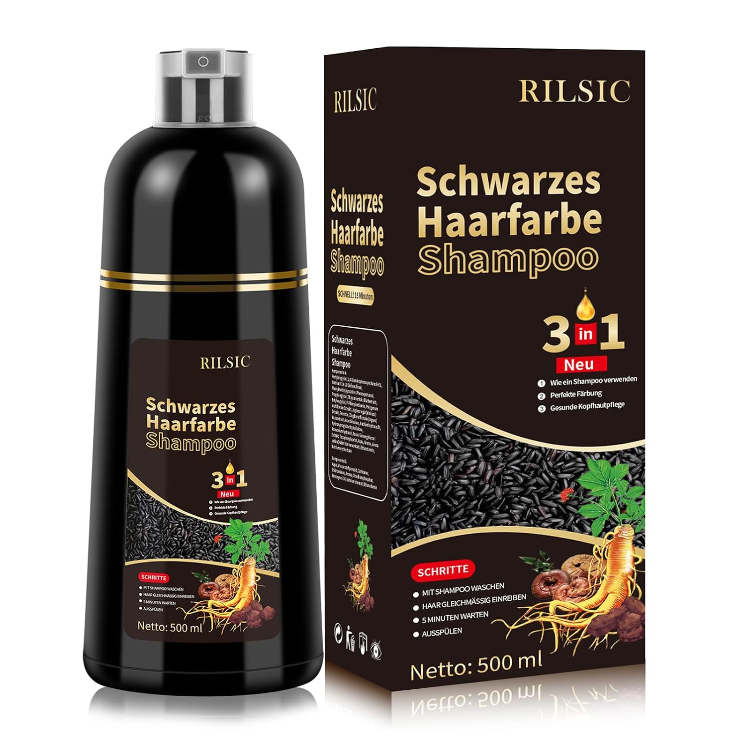 Haarfaerbeshampoo Braun 3-in-1 gegen graue Haare fuer Maenner Frauen
