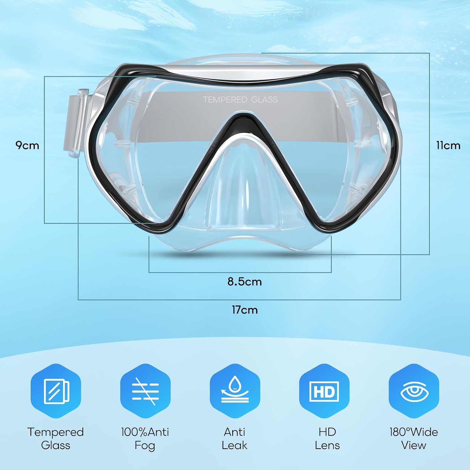 Findway Tauchmaske Erwachsene Teenager 180° Panorama-Glas Anti-Fog Nasenabdeckun