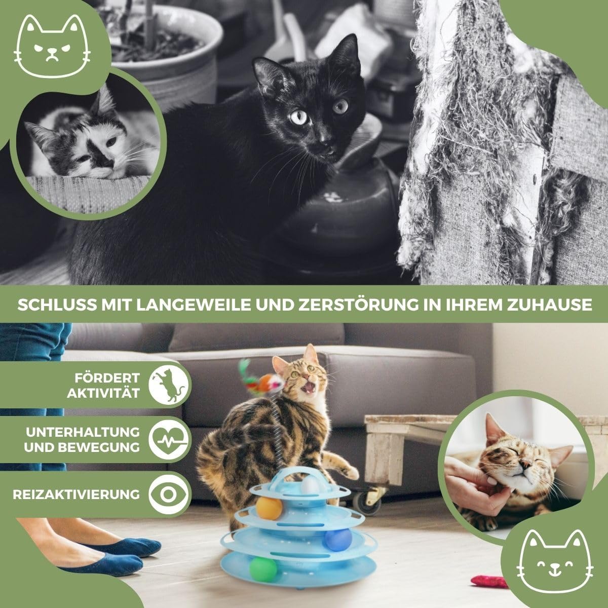 Katzenturm 4 Ebenen mit Bällen und Spielzeug interaktiver Kratzbaum