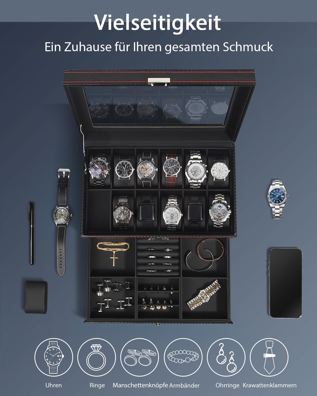 Uhren- und Sonnenbrillenbox mit Glasdeckel 6 Faecher Schmuckkasten Herren