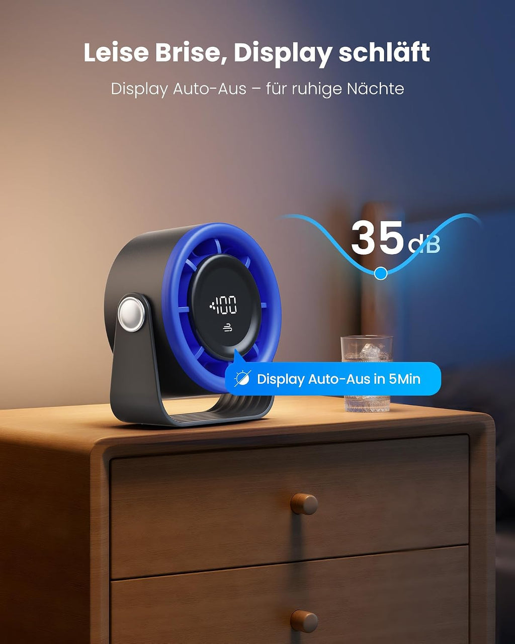 Gaiatop Akku Tischventilator USB 5 Stufen 360° neigbar Touch-Display Schwarz