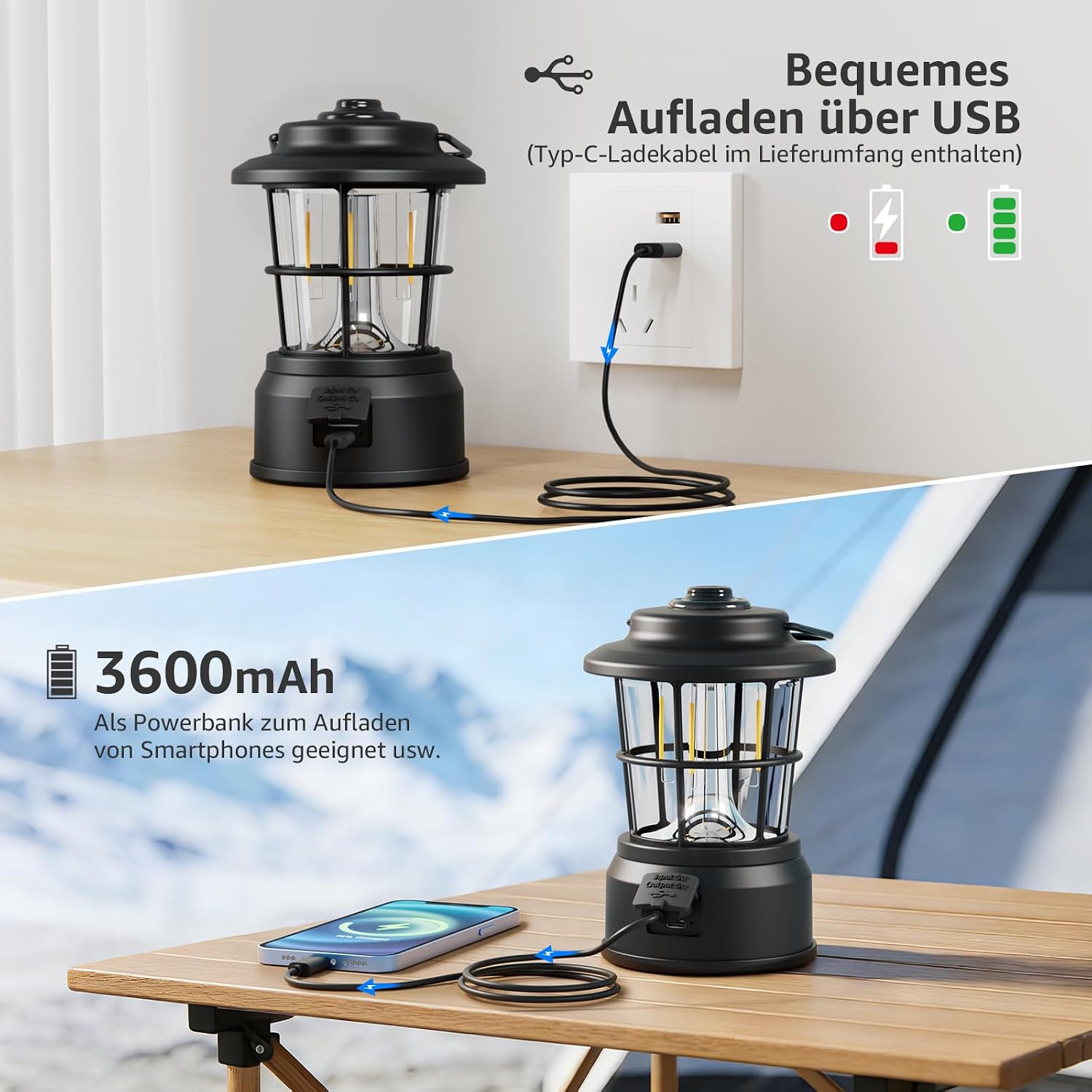 Lepro LED Retro Campinglampe wiederaufladbar dimmbar Powerbank IPX4 schwarz