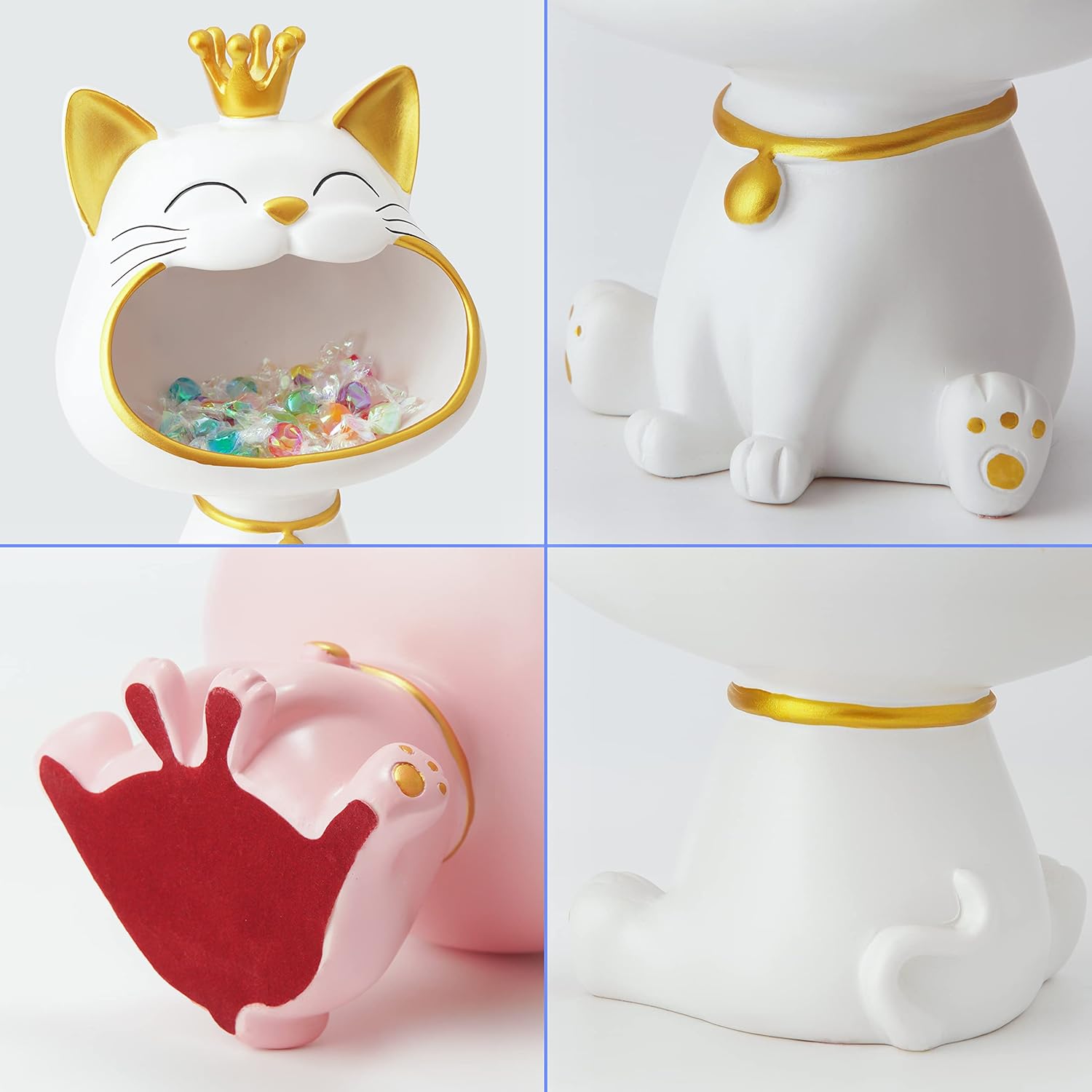 Lachende Katzenstatue Aufbewahrungsbox M-L Weiss Schmuck Schluessel Deko