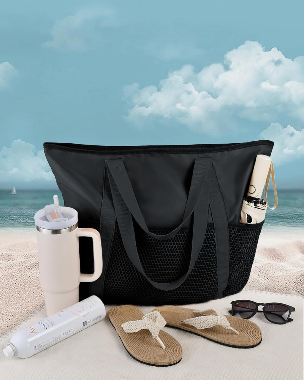 HOMESPON Strandtasche gross mit Reissverschluss, wasserabweisend, Netzfach