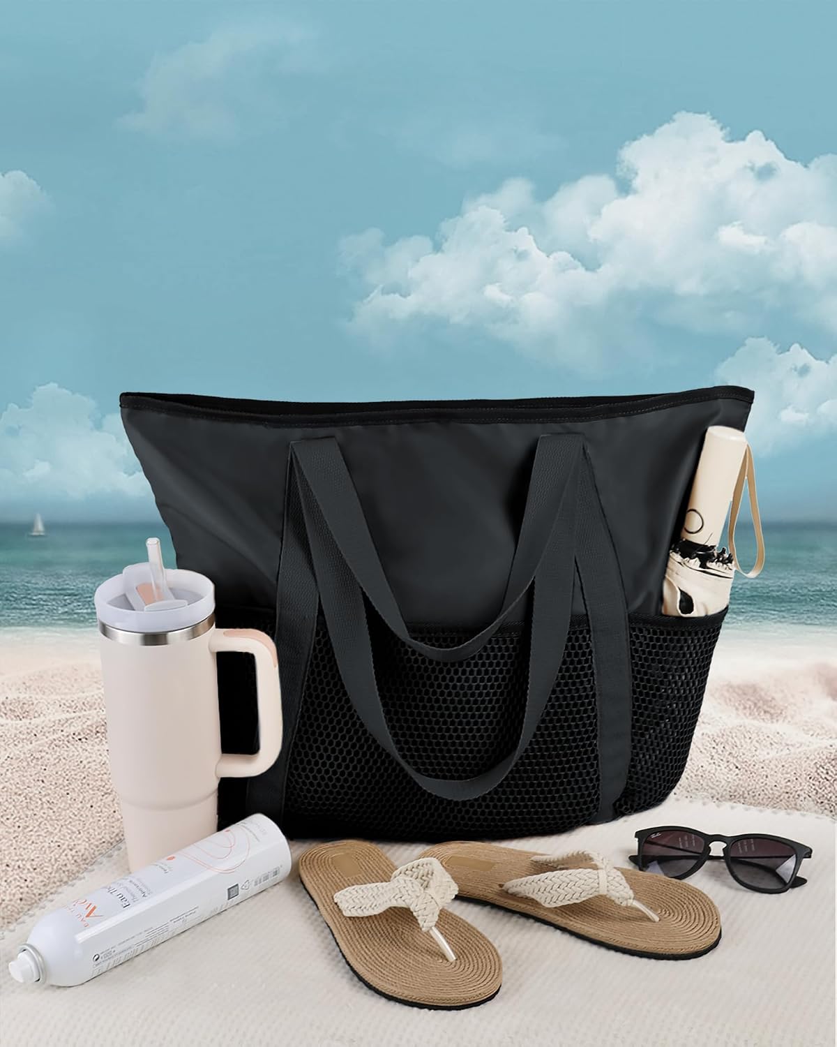HOMESPON Strandtasche gross mit Reissverschluss, wasserabweisend, Netzfach