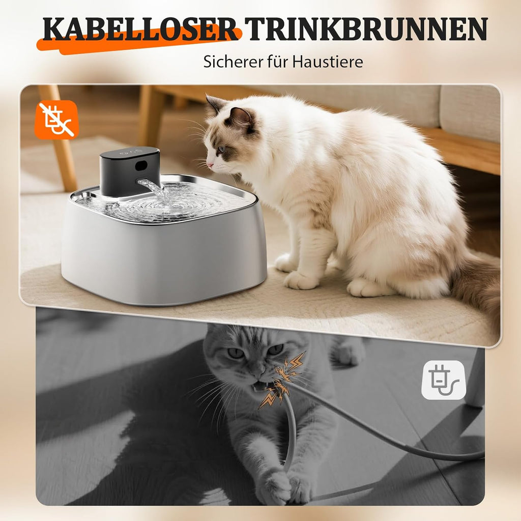 ROTTOGOON Katzenbrunnen Edelstahl 3,2L kabellos mit Bewegungssensor