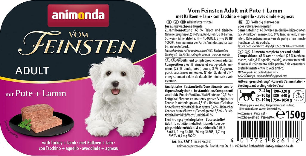 animonda vom Feinsten Nassfutter Hundefutter 22x150g Pute & Lamm getreidefrei