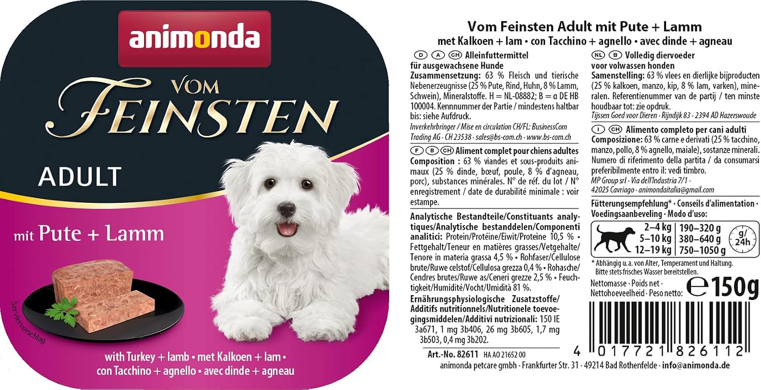 animonda vom Feinsten Nassfutter Hundefutter 22x150g Pute & Lamm getreidefrei
