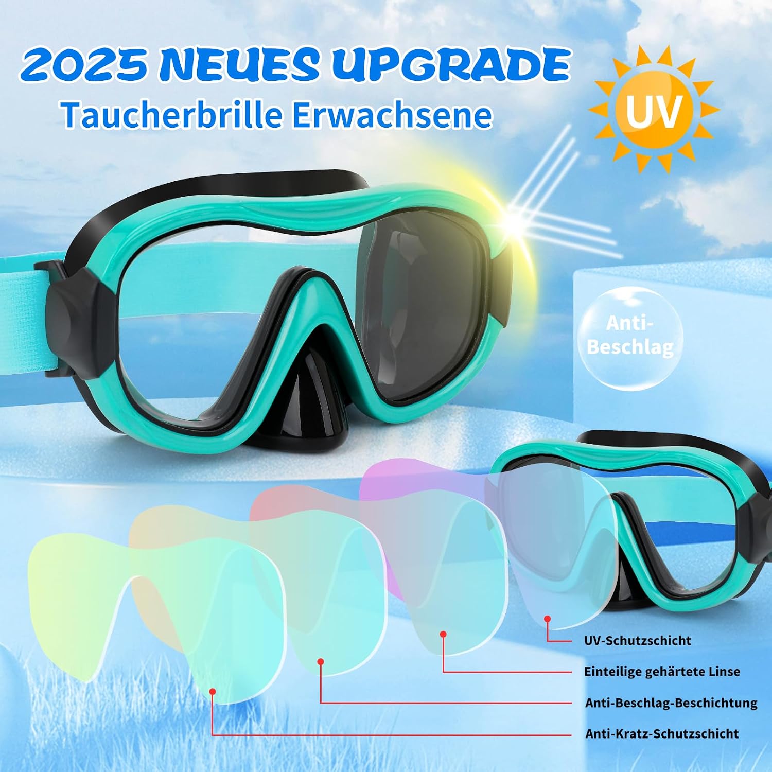 Tauchmaske Erwachsene 180° Weitwinkel gehaertetes Glas Antibeschlag