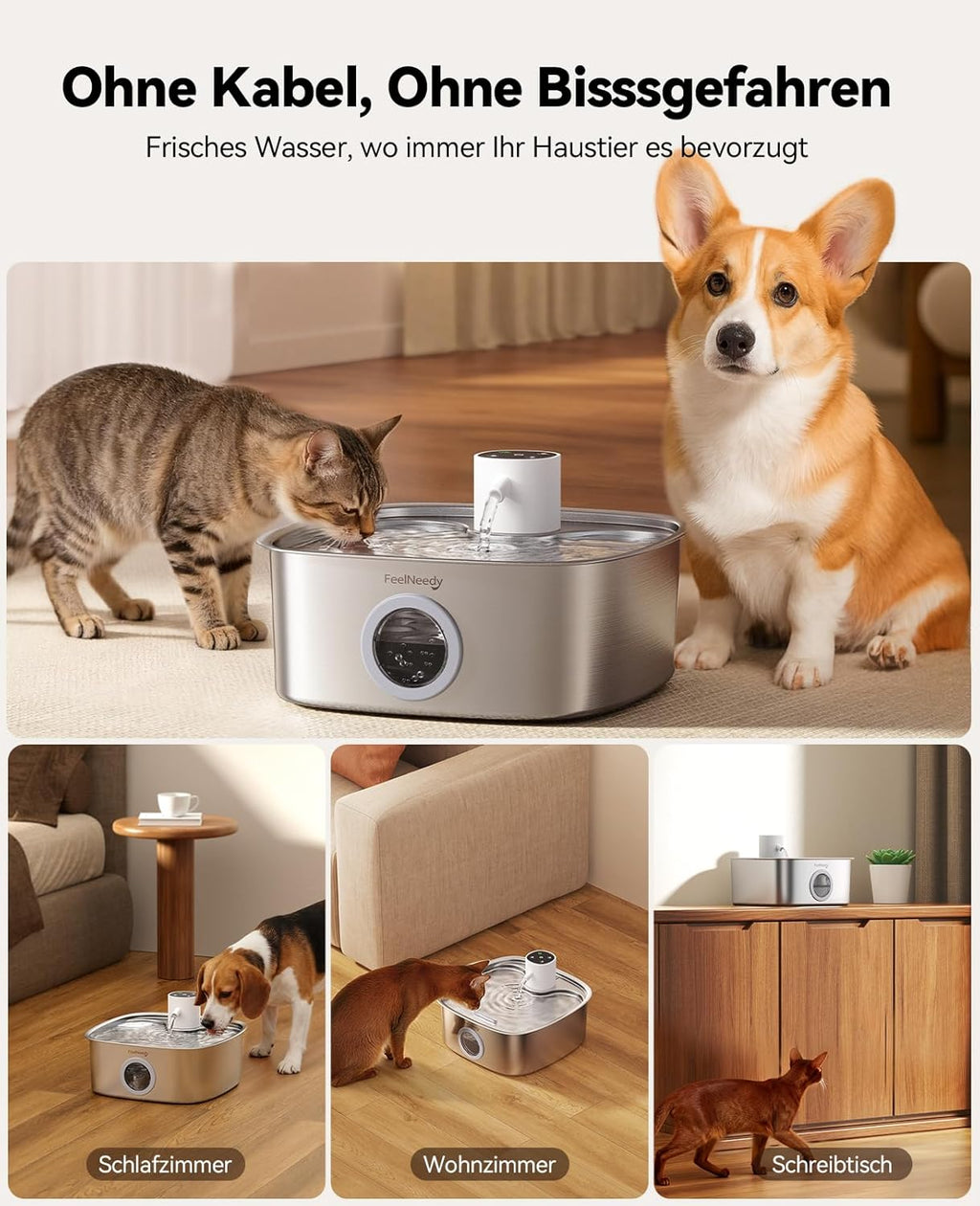 FEELNEED Katzenbrunnen kabellos 5000 mAh mit 3 Filtern Edelstahl