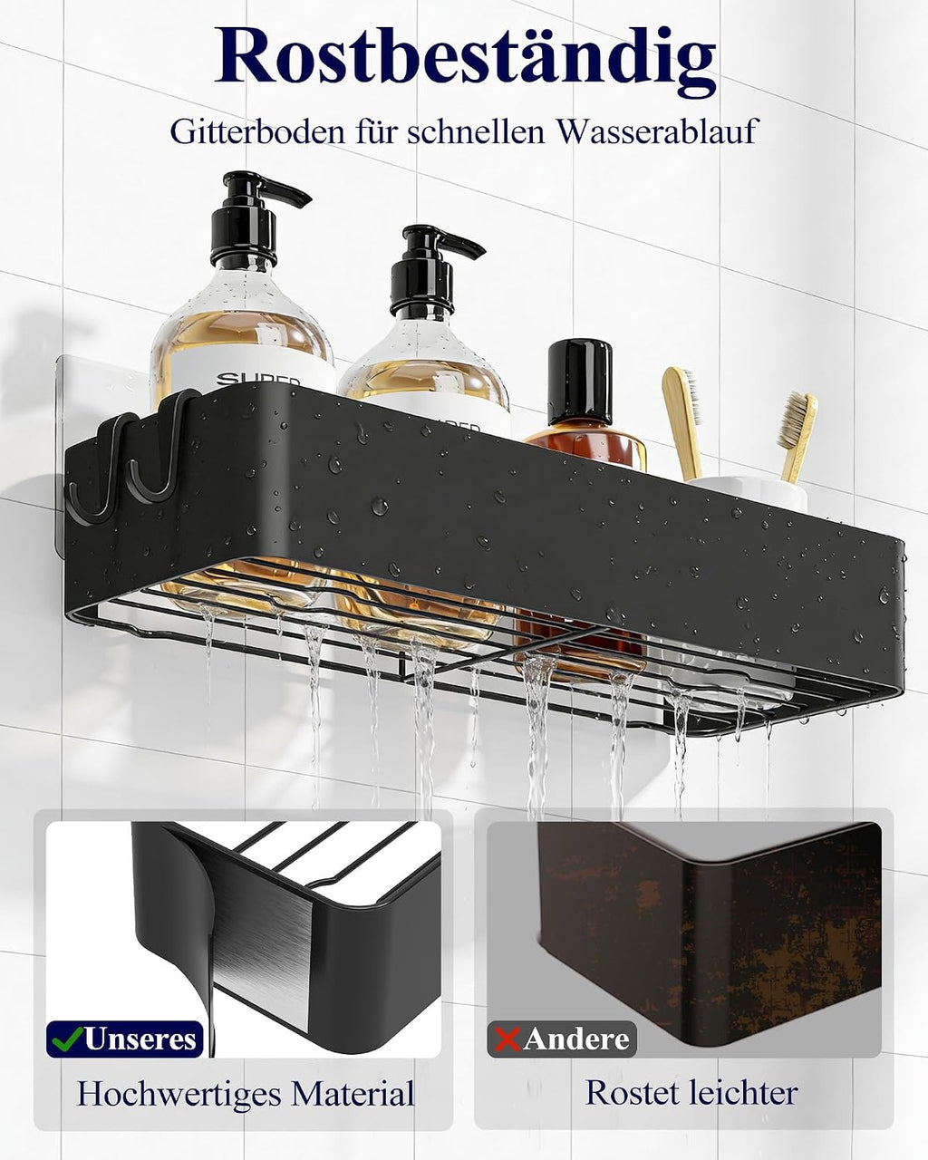 2er Set Duschablage Schwarz ohne Bohren Duschregal Bad Organizer rostfrei