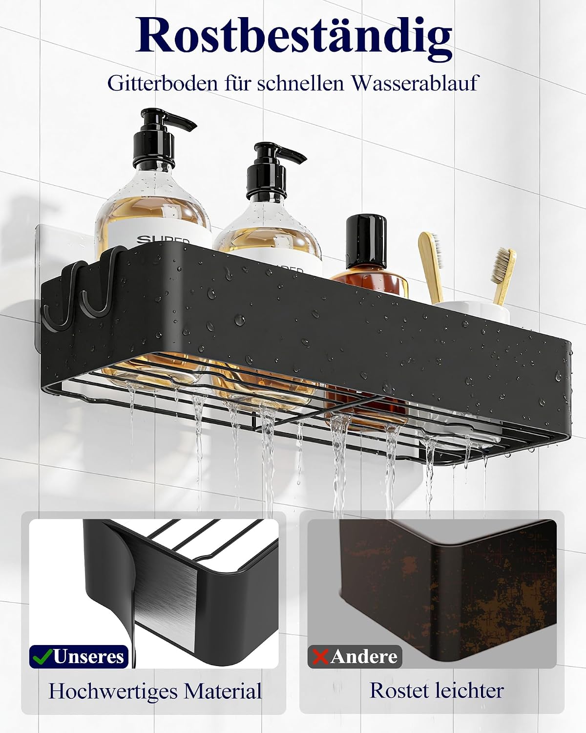 2er Set Duschablage Schwarz ohne Bohren Duschregal Bad Organizer rostfrei