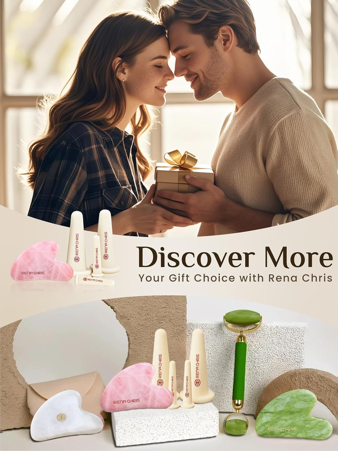 Rena Chris Gesichts-Schroepfset Gua Sha Rosenquarz Silikon Gesichtspflege Rosa